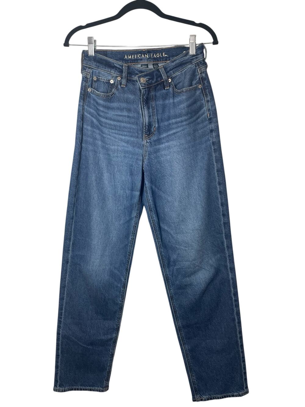 American Eagle Super High-Rise Baggy Straight Jeans Size 0 Asymmetric Zip Fly